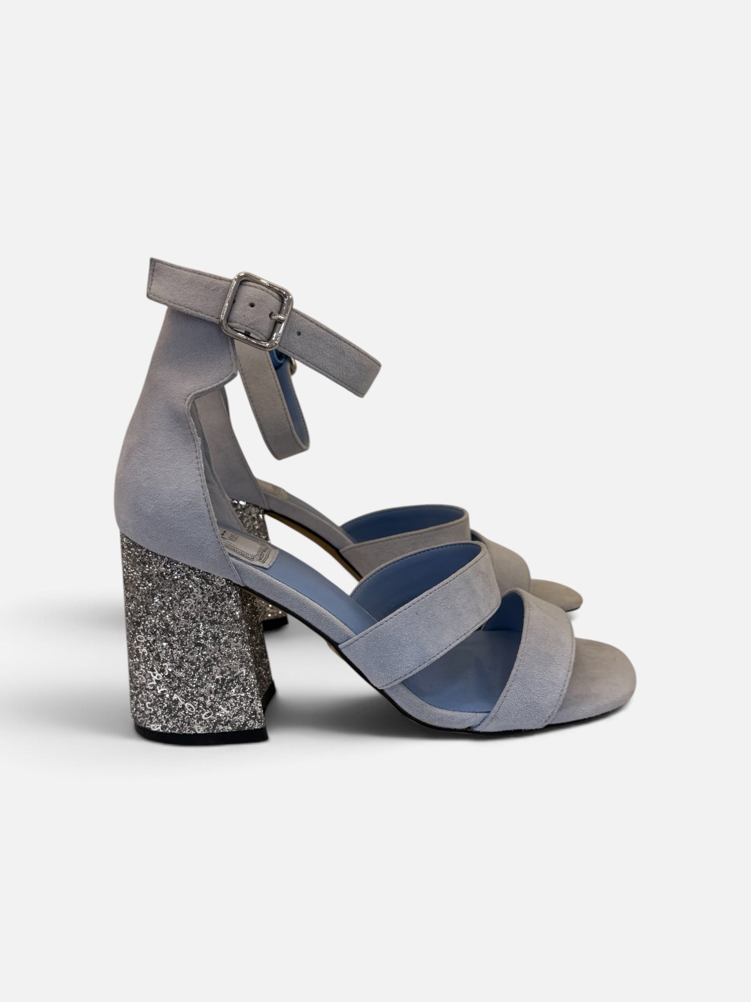 Grey Suede Sandals with Glitter Block Heel