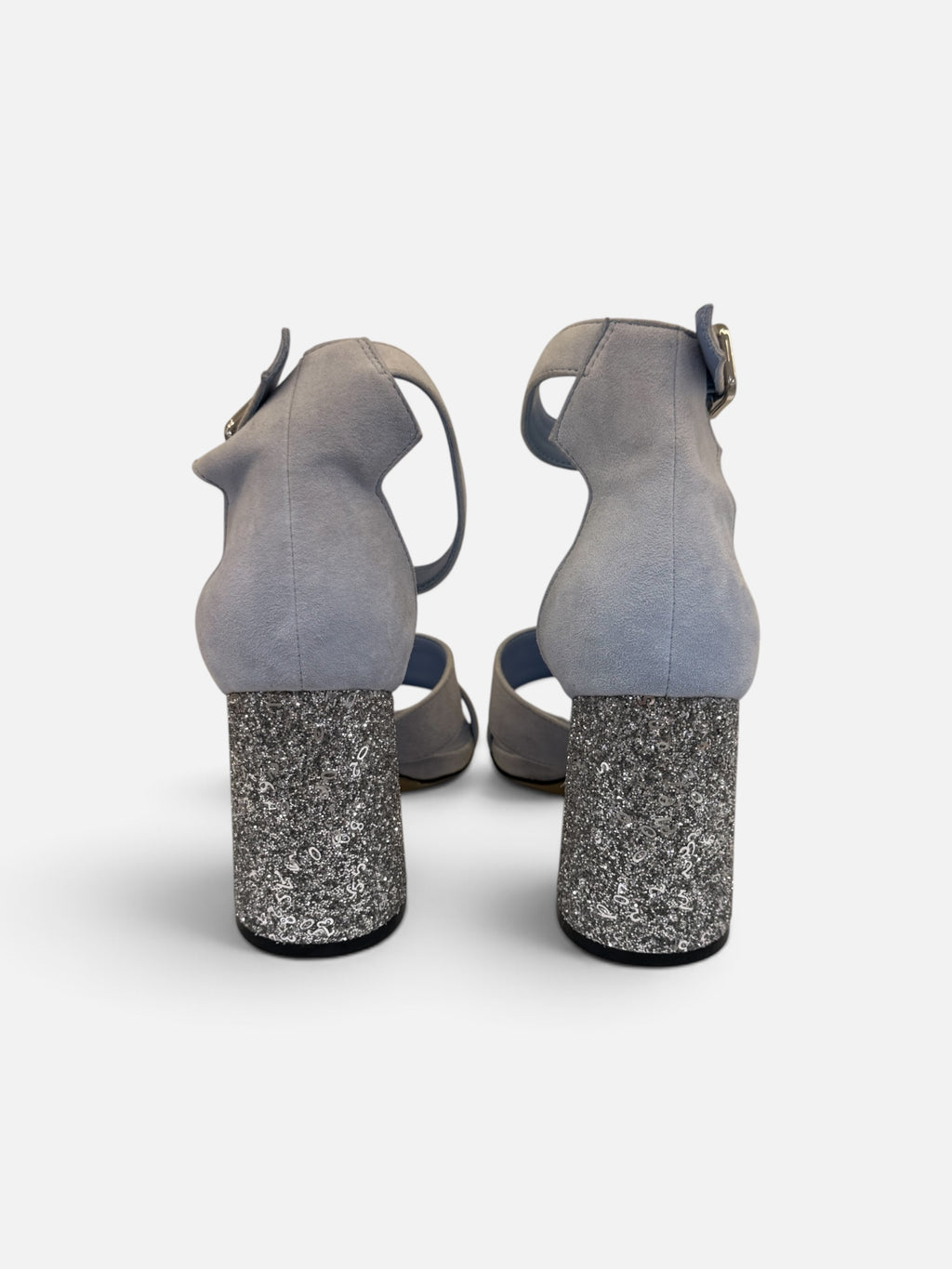 Grey Suede Sandals with Glitter Block Heel