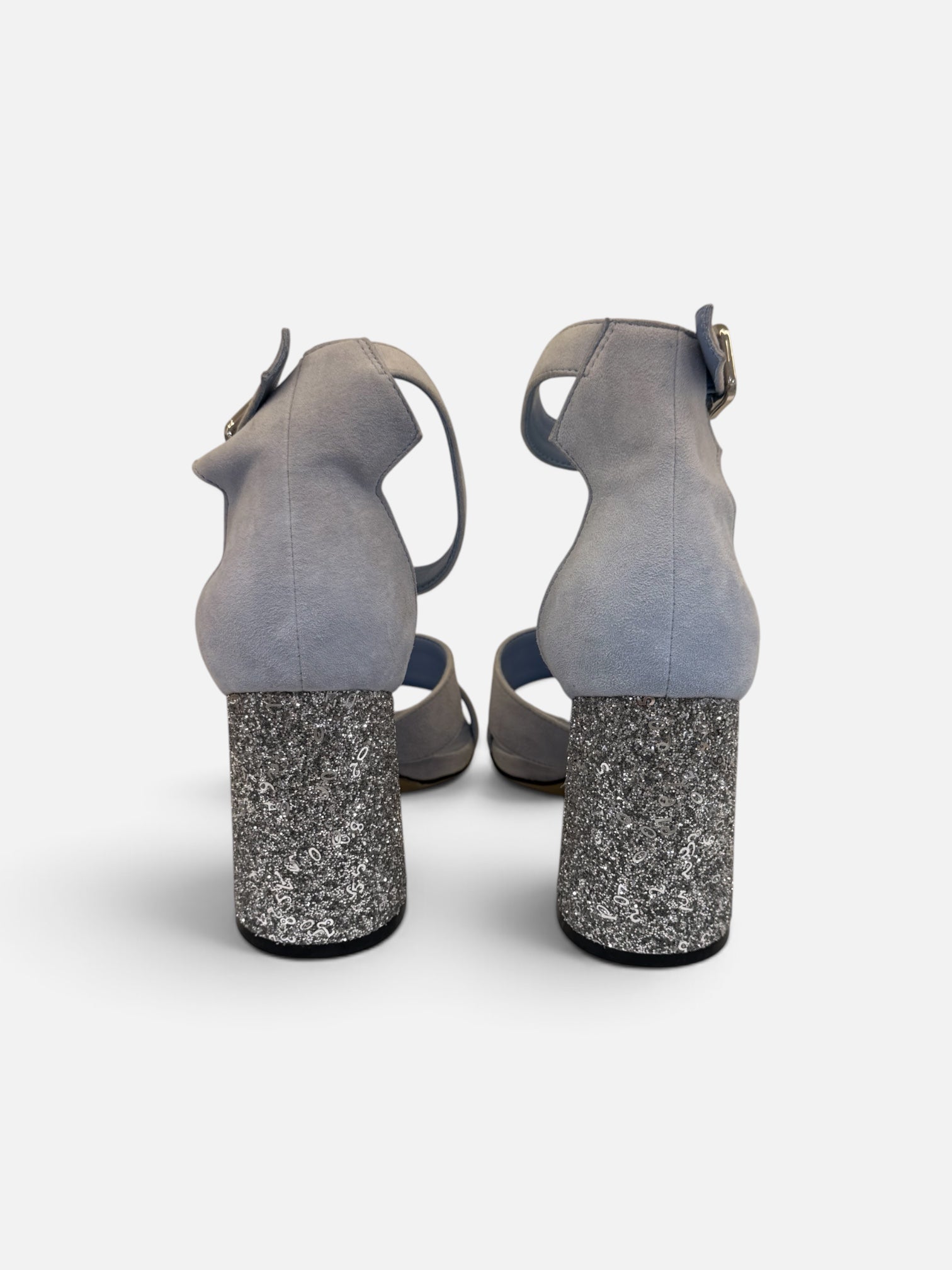 Grey Suede Sandals with Glitter Block Heel