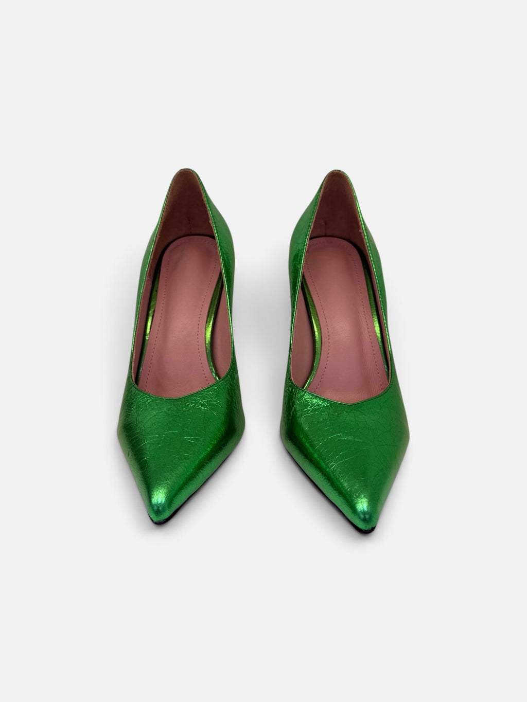 Metallic Green Pointed-Toe Pumps with Gold Heel