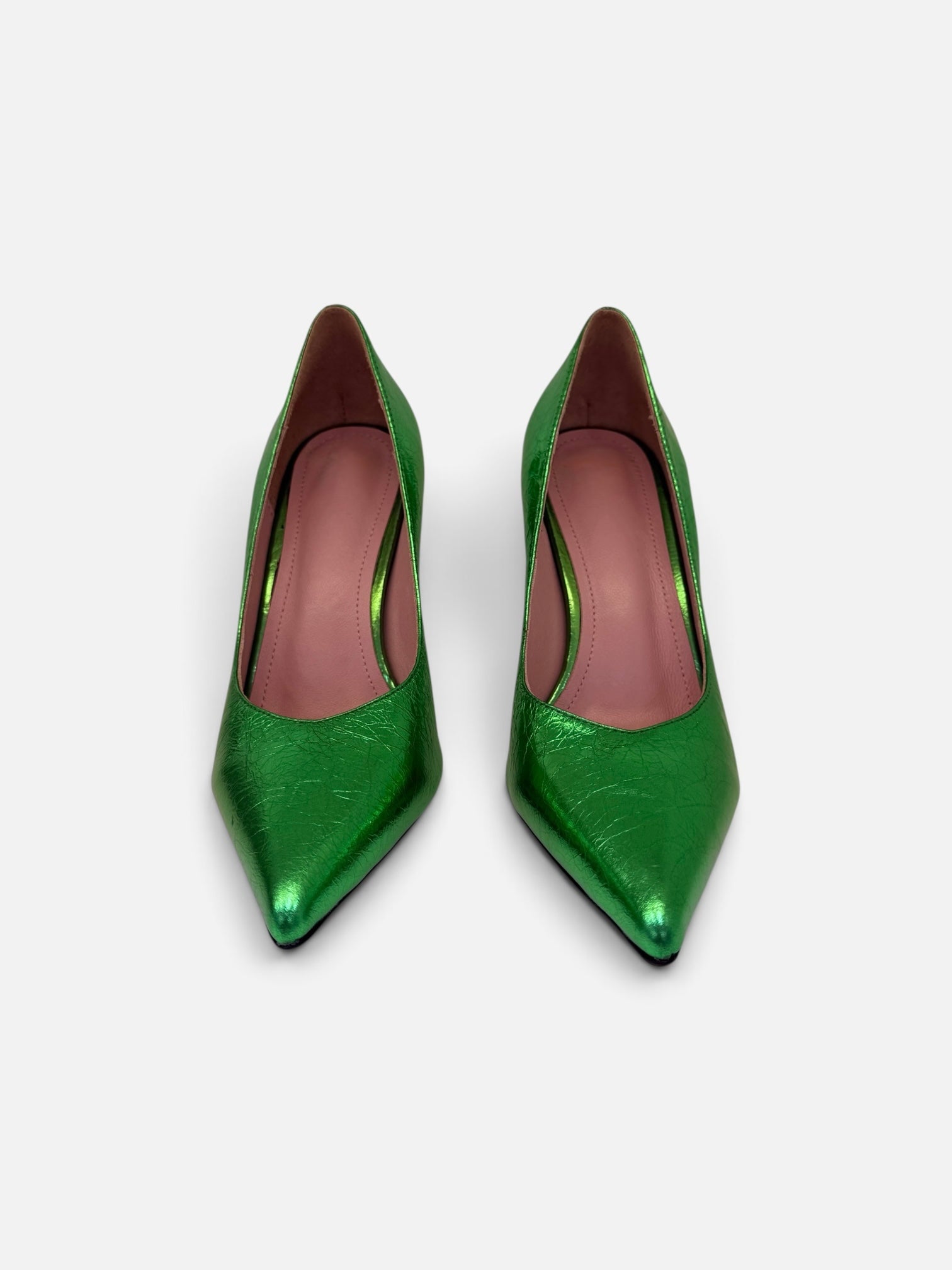 Metallic Green Pointed-Toe Pumps with Gold Heel